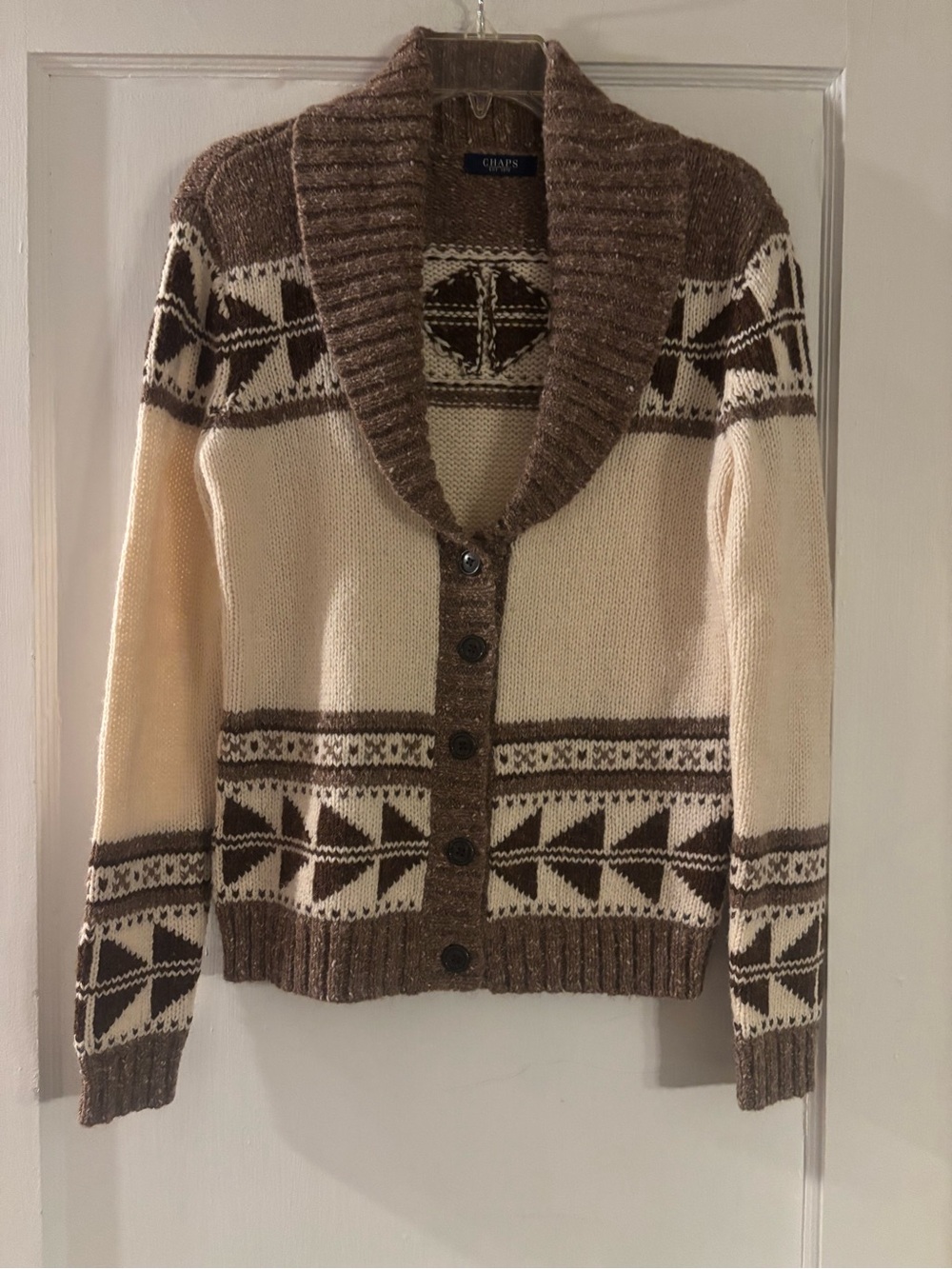 Chaps Cream and Brown Shawl Collar Button-Up Cardigan